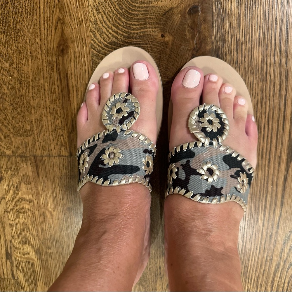 JACK ROGERS 1960 weekend classic flip flops with camo and gold design on top.